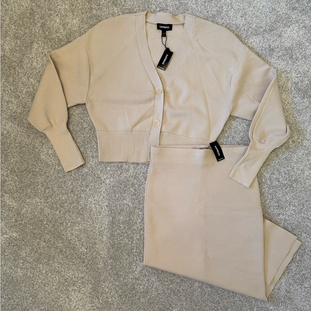 NWT $180 Express Cardigan Sweater / Skirt 2 Piece Coord Set - Beige/Tan XS (0-2) - Picture 6 of 6